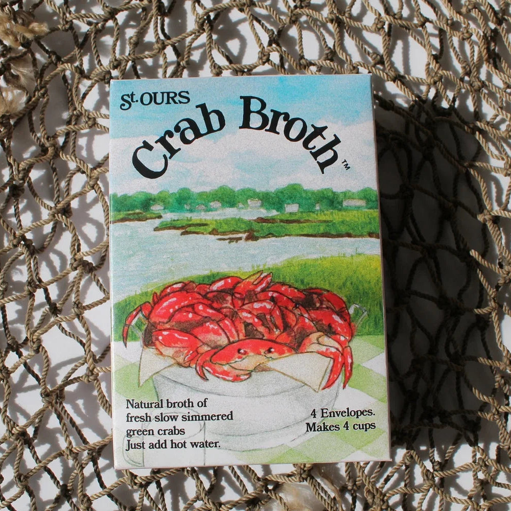 Box of St. Ours Crab Broth on a textured surface