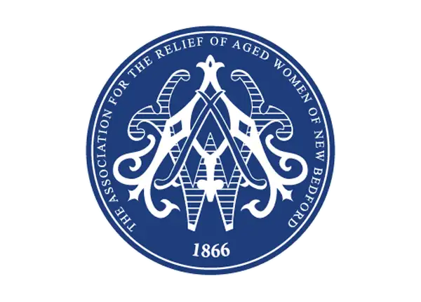 Logo of The Association for the Relief of Aged Women of New Bedford with a blue border and white text.