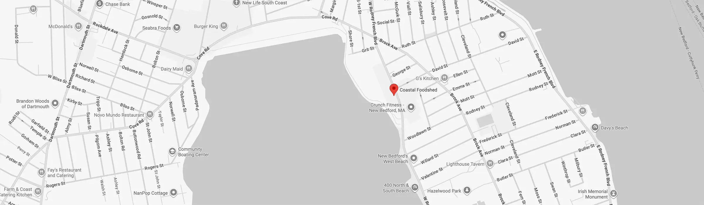 white & grey map depicting Coastal Foodshed location with neighboring streets & businesses