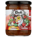 Jar of Rhed's Sunrise Salsa with colorful label on a white background