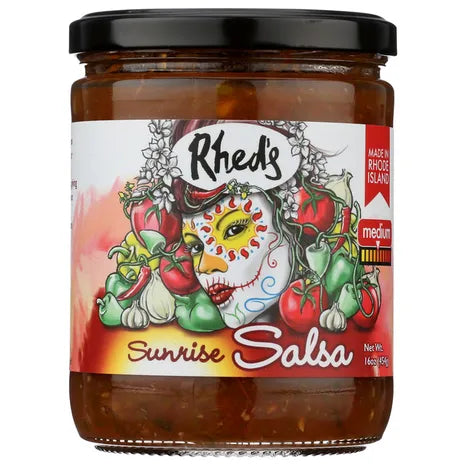 Jar of Rhed's Sunrise Salsa with colorful label on a white background