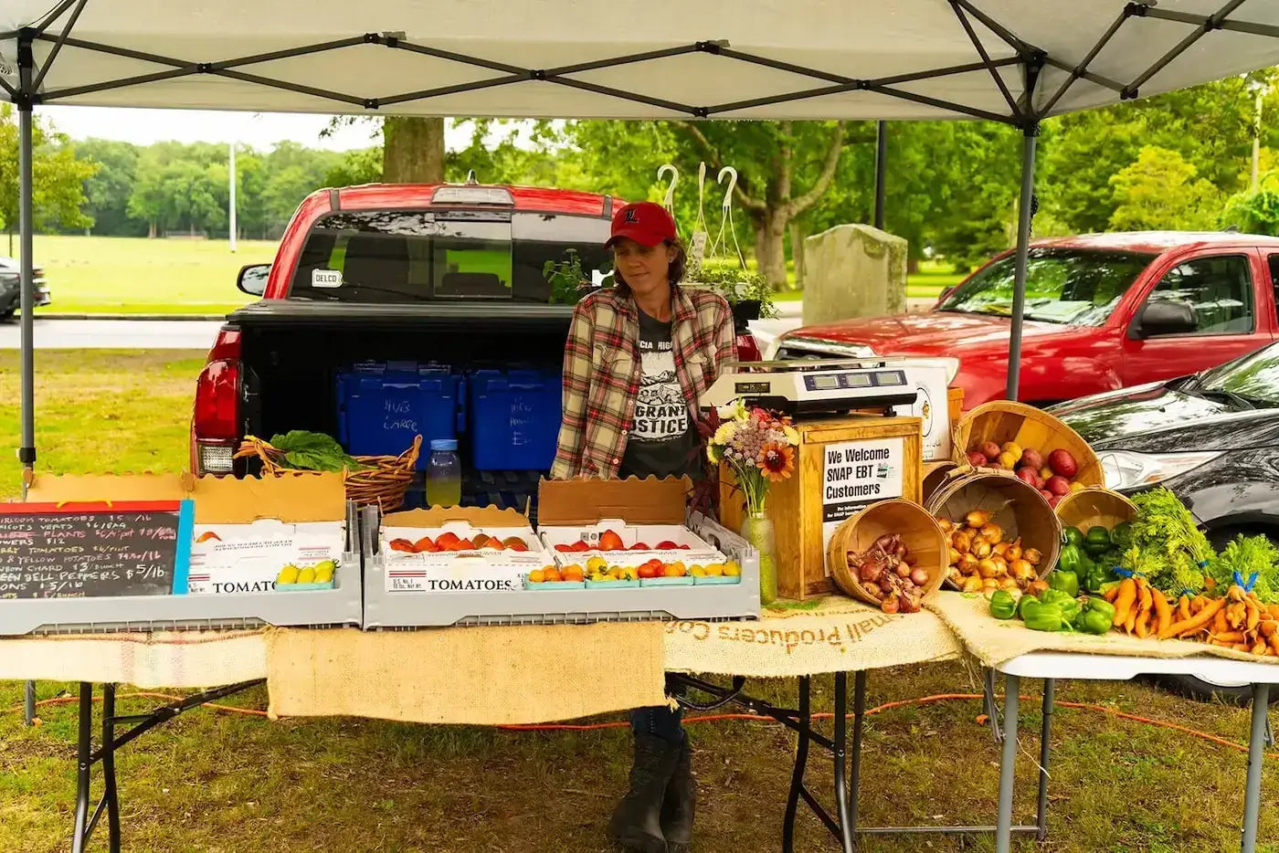 woman selling fresh produce at outdoor farmer's market